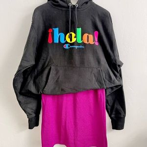 Champion Hola Spanish Hispanic Heritage Black Hood Sweatshirt Hoodie Neon Color